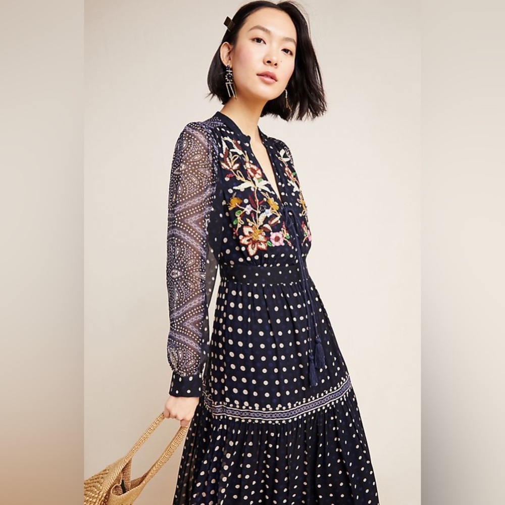 Maeve navy Cassidy embroidered midi dress Anthropologie 2p